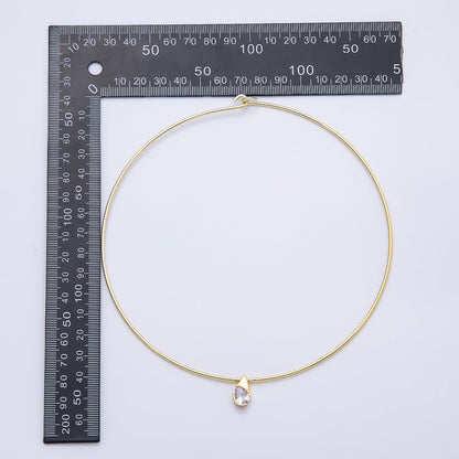16K Gold Filled 2mm Teardrop Solitaire CZ Thin Torque Tube Choker Floating Collar Necklace | WA-04410