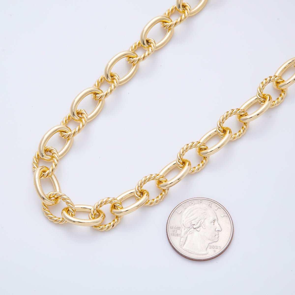 16K Gold Filled 13mm x 11mm Unfinished Twist Oval Textured Rollo Unique Fancy Chain by Yard | ROLL-1692