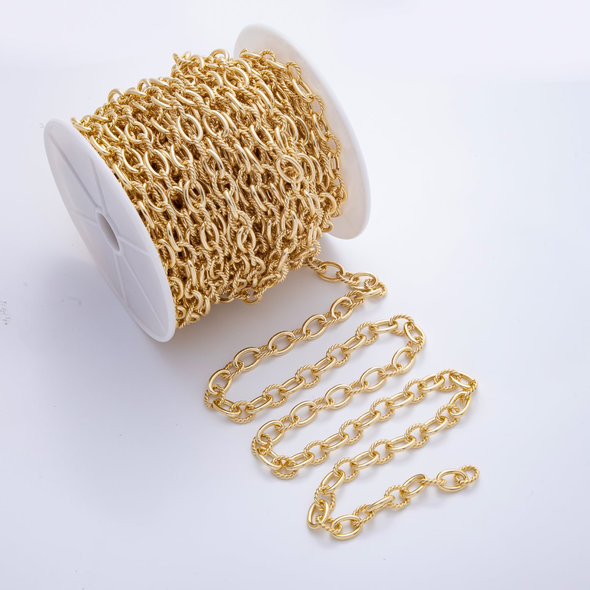 16K Gold Filled 13mm x 11mm Unfinished Twist Oval Textured Rollo Unique Fancy Chain by Yard | ROLL-1692