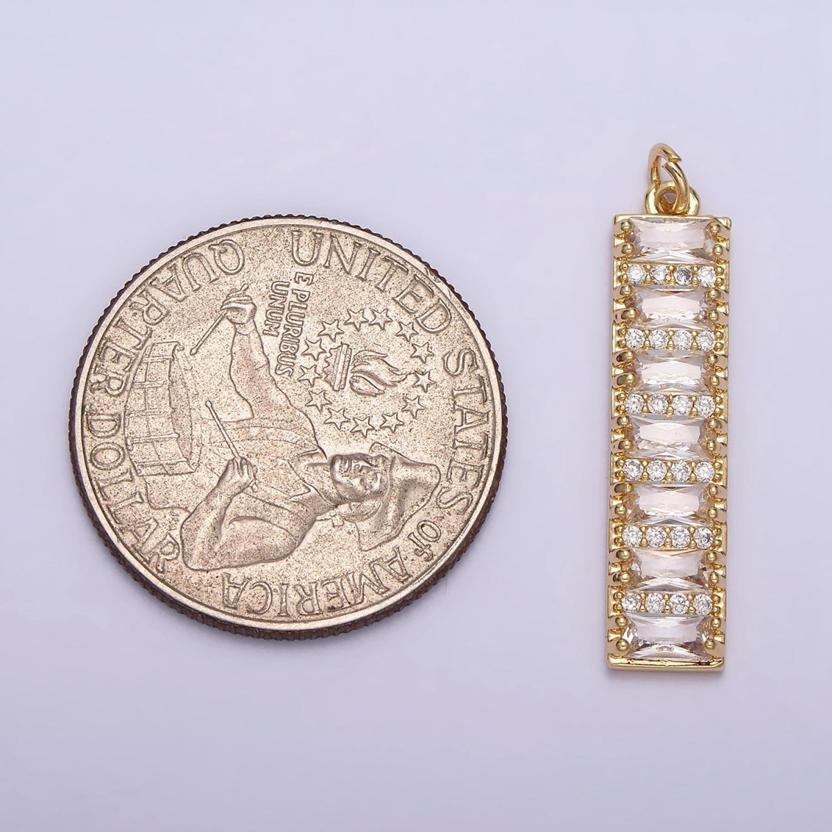 16K Gold Filled 30mm Clear CZ Baguette Lined Micro Paved Band Tag Charm | AC1133