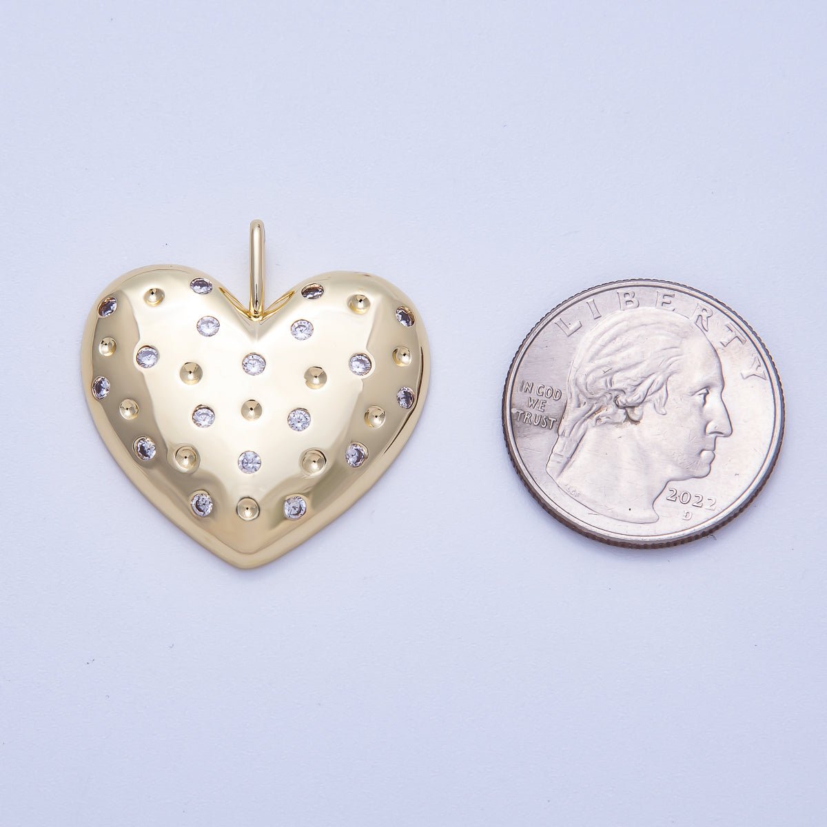 16K Gold Filled 30mm Clear CZ Dotted Chubby Love Heart Pendant | Charms-00615