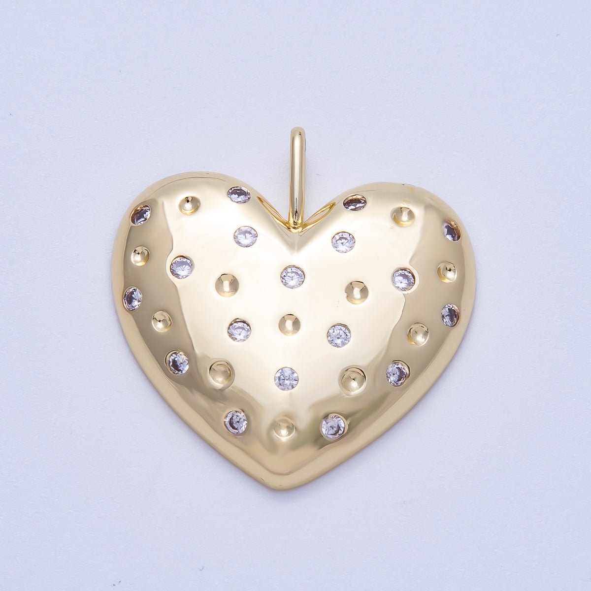 16K Gold Filled 30mm Clear CZ Dotted Chubby Love Heart Pendant | Charms-00615