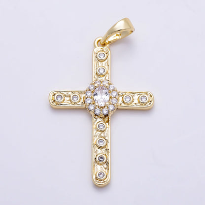 16K Gold Filled 30mm Clear CZ Micro Paved Dotted Hammered Religious Cross Pendant | Charms-01398