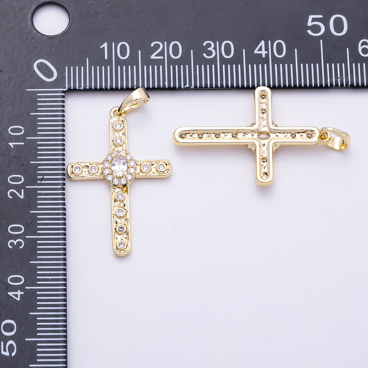 16K Gold Filled 30mm Clear CZ Micro Paved Dotted Hammered Religious Cross Pendant | Charms-01398
