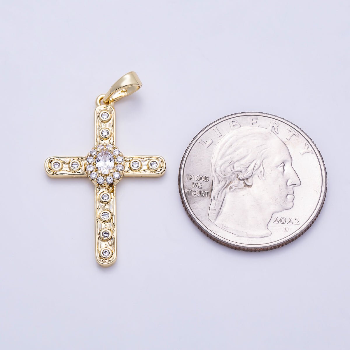 16K Gold Filled 30mm Clear CZ Micro Paved Dotted Hammered Religious Cross Pendant | Charms-01398