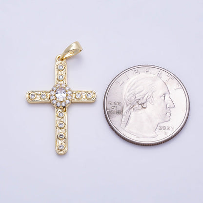 16K Gold Filled 30mm Clear CZ Micro Paved Dotted Hammered Religious Cross Pendant | Charms-01398