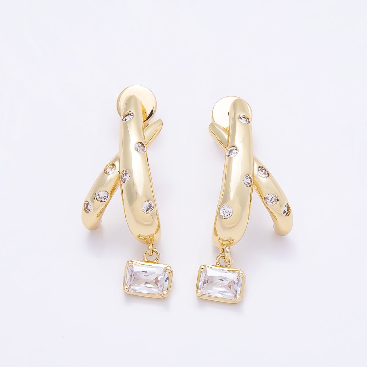16K Gold Filled 30mm CZ Dotted Baguette C-Shaped Drop Stud Earrings | Earrings-00402