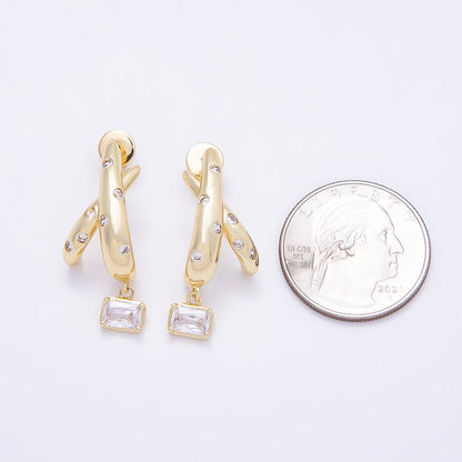 16K Gold Filled 30mm CZ Dotted Baguette C-Shaped Drop Stud Earrings | Earrings-00402