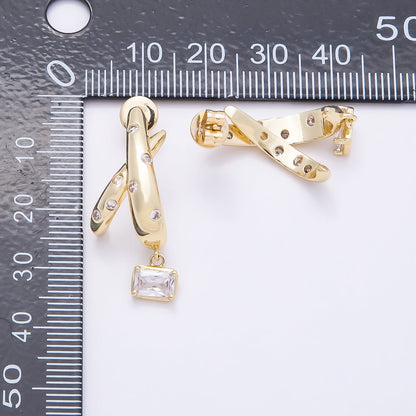 16K Gold Filled 30mm CZ Dotted Baguette C-Shaped Drop Stud Earrings | Earrings-00402