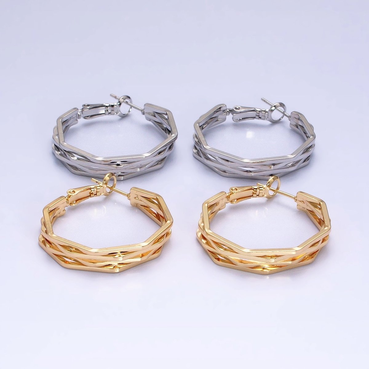 16K Gold Filled 30mm Hexagonal Multiple Band Hinge Hoop Earrings in Gold &amp; Silver | AE037 AE038