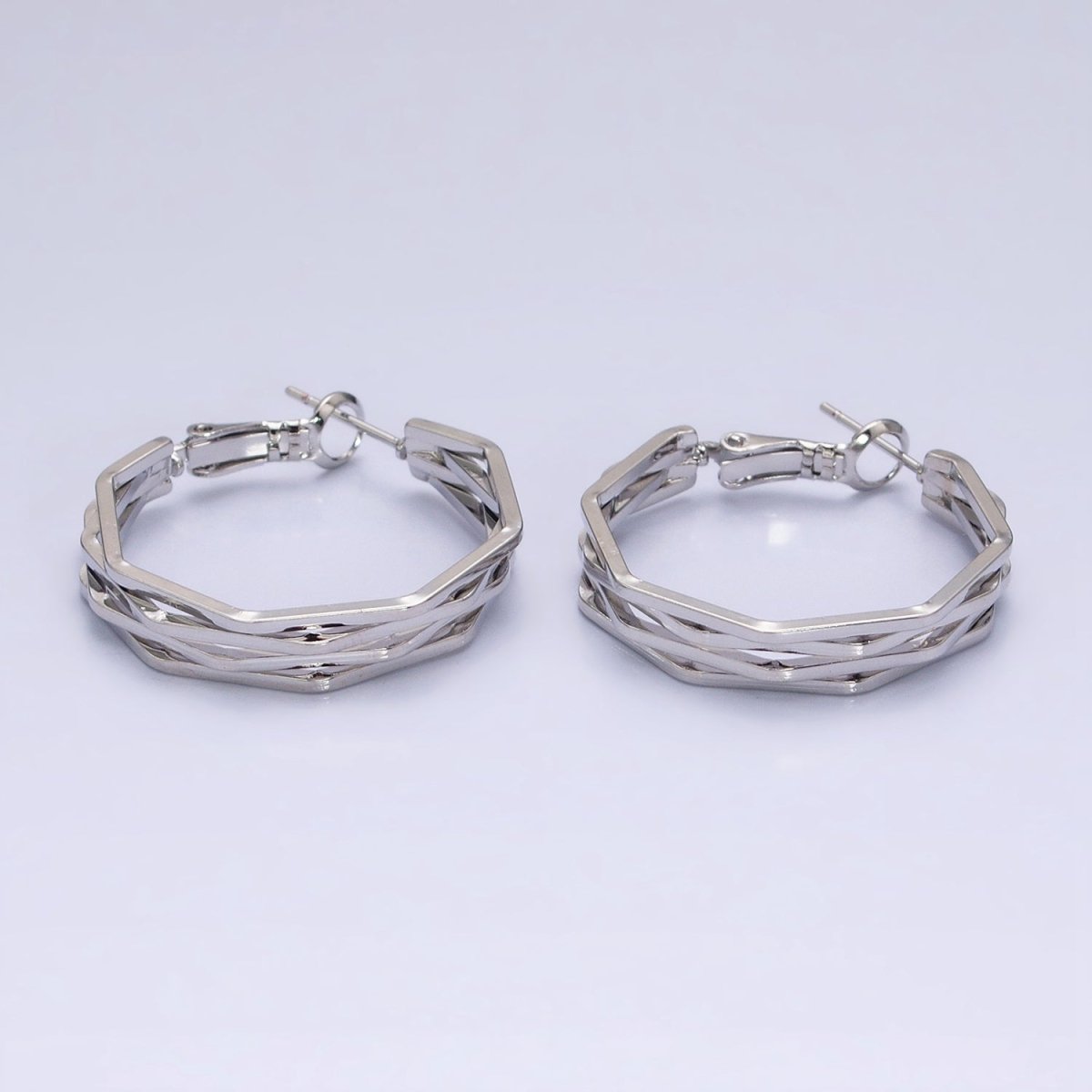 16K Gold Filled 30mm Hexagonal Multiple Band Hinge Hoop Earrings in Gold &amp; Silver | AE037 AE038
