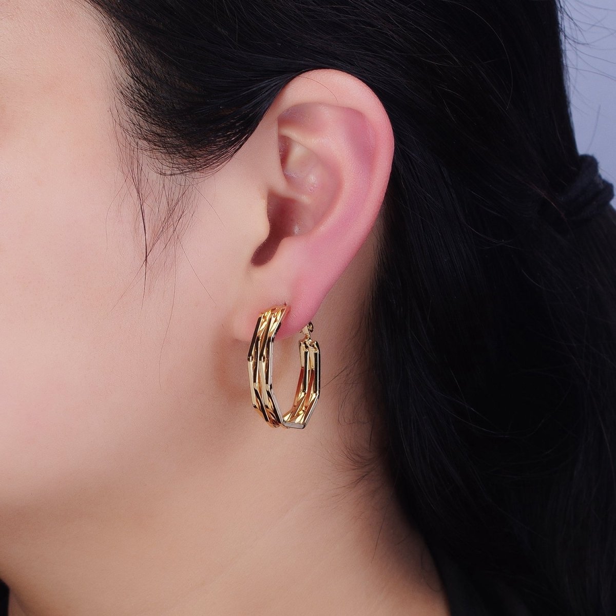 16K Gold Filled 30mm Hexagonal Multiple Band Hinge Hoop Earrings in Gold &amp; Silver | AE037 AE038