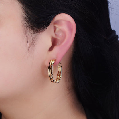 16K Gold Filled 30mm Hexagonal Multiple Band Hinge Hoop Earrings in Gold &amp; Silver | AE037 AE038
