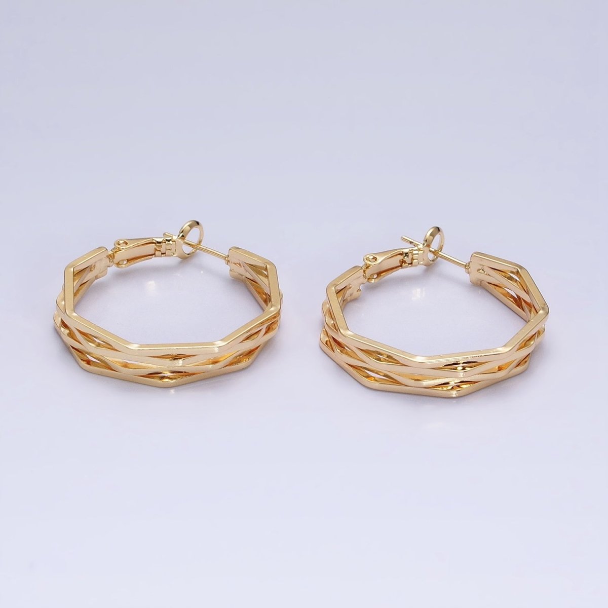 16K Gold Filled 30mm Hexagonal Multiple Band Hinge Hoop Earrings in Gold &amp; Silver | AE037 AE038