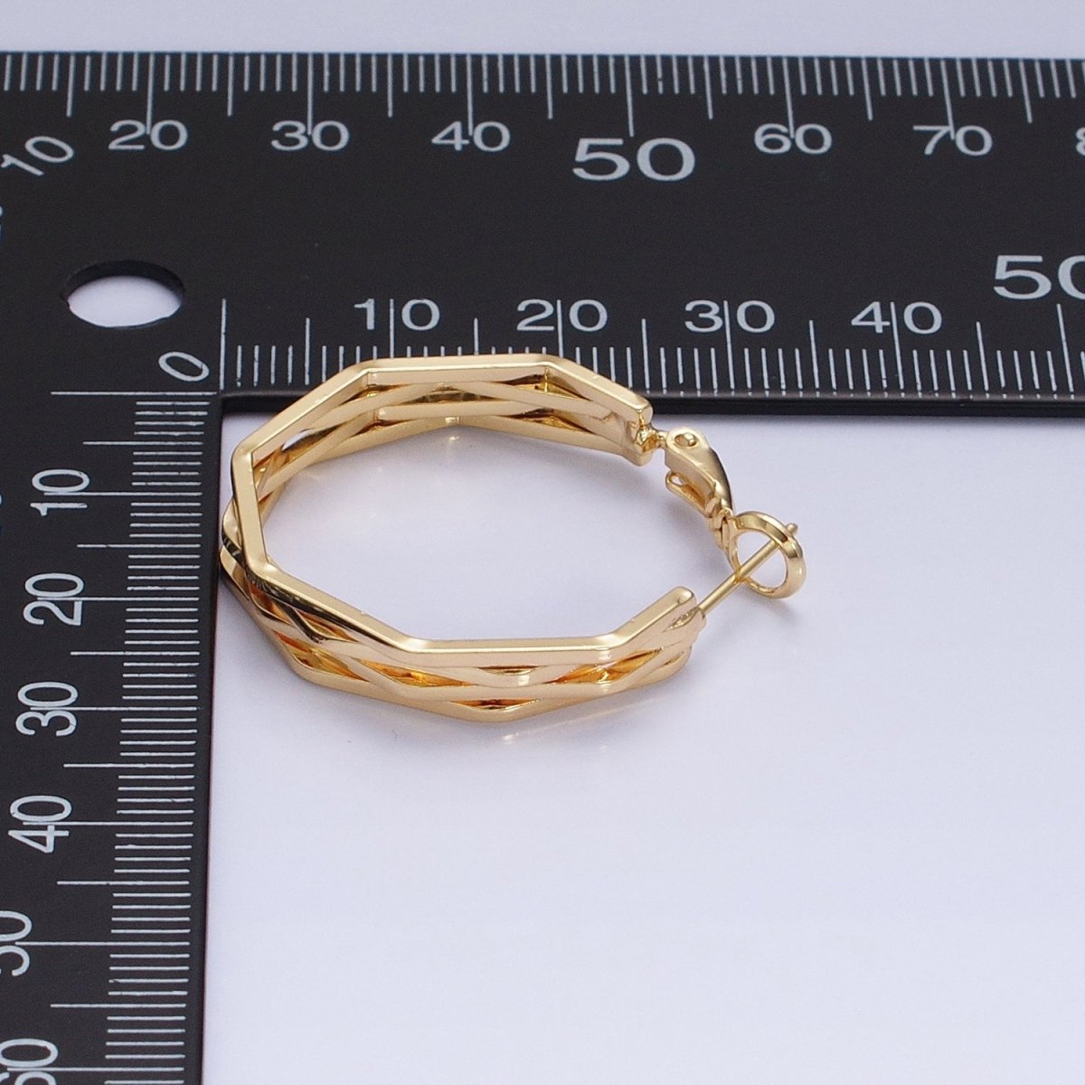 16K Gold Filled 30mm Hexagonal Multiple Band Hinge Hoop Earrings in Gold &amp; Silver | AE037 AE038