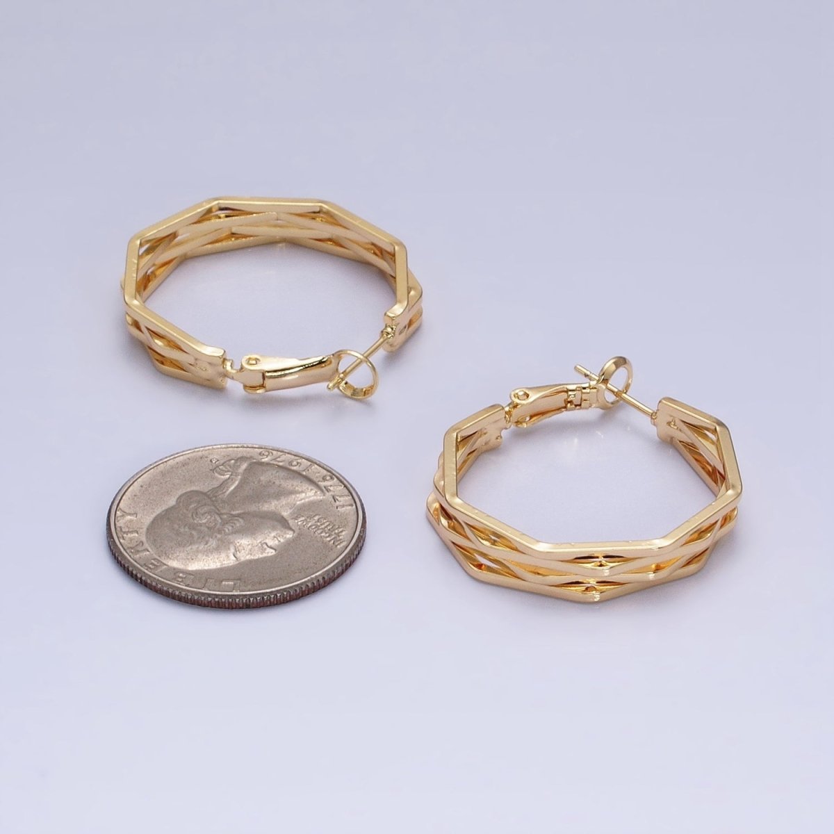 16K Gold Filled 30mm Hexagonal Multiple Band Hinge Hoop Earrings in Gold &amp; Silver | AE037 AE038