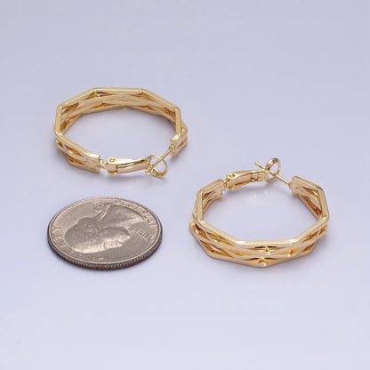 16K Gold Filled 30mm Hexagonal Multiple Band Hinge Hoop Earrings in Gold &amp; Silver | AE037 AE038
