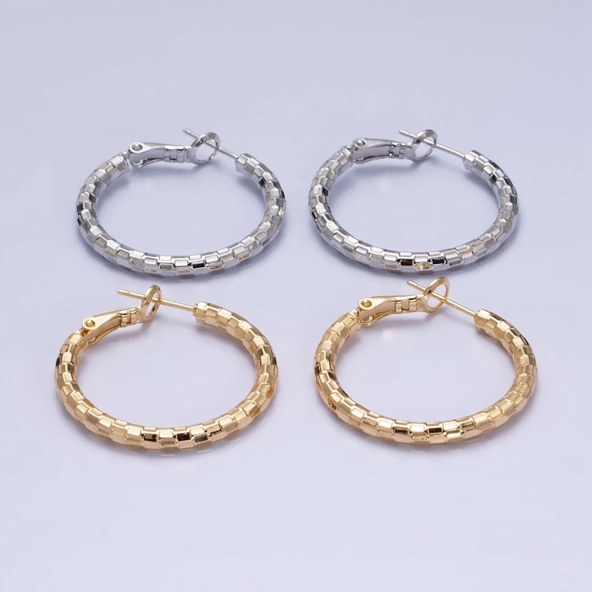 16K Gold Filled 30mm Multifaceted Textured Hinge Hoop Earrings in Gold &amp; Silver | AD1211 AD1212