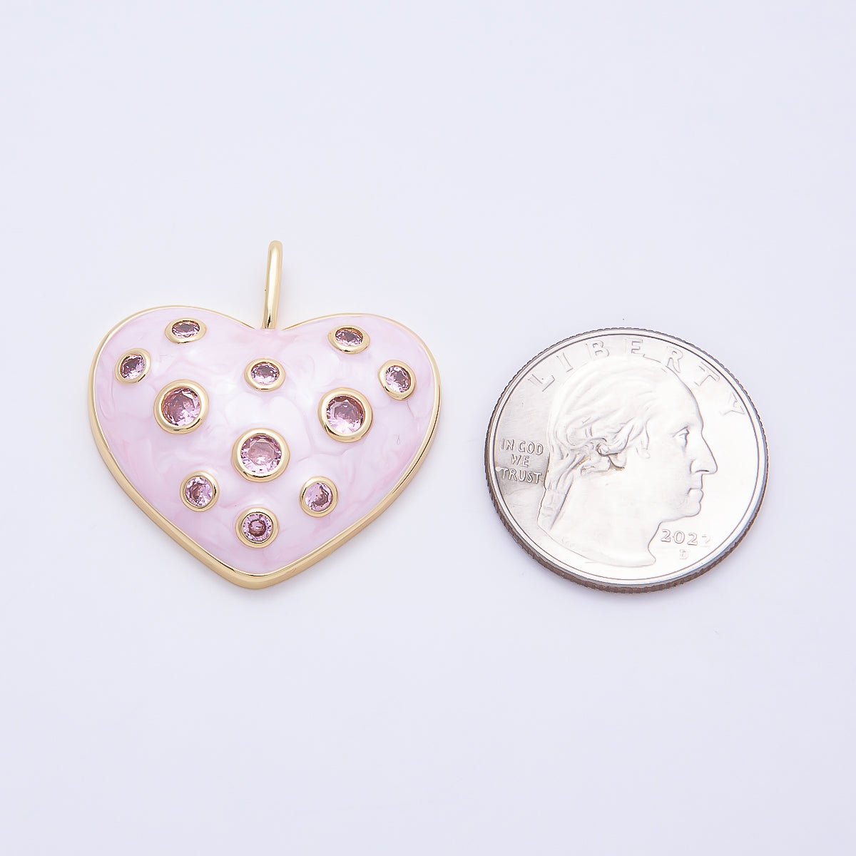 16K Gold Filled 30mm Pink CZ Dotted Glitter Enamel Heart Pendant | Charms-00856
