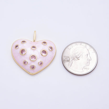 16K Gold Filled 30mm Pink CZ Dotted Glitter Enamel Heart Pendant | Charms-00856