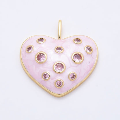 16K Gold Filled 30mm Pink CZ Dotted Glitter Enamel Heart Pendant | Charms-00856