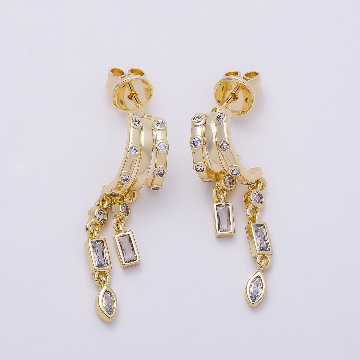 16K Gold Filled 31.5mm Baguette Marquise CZ Dotted Drop C-Shaped Hoop | Earrings-00686