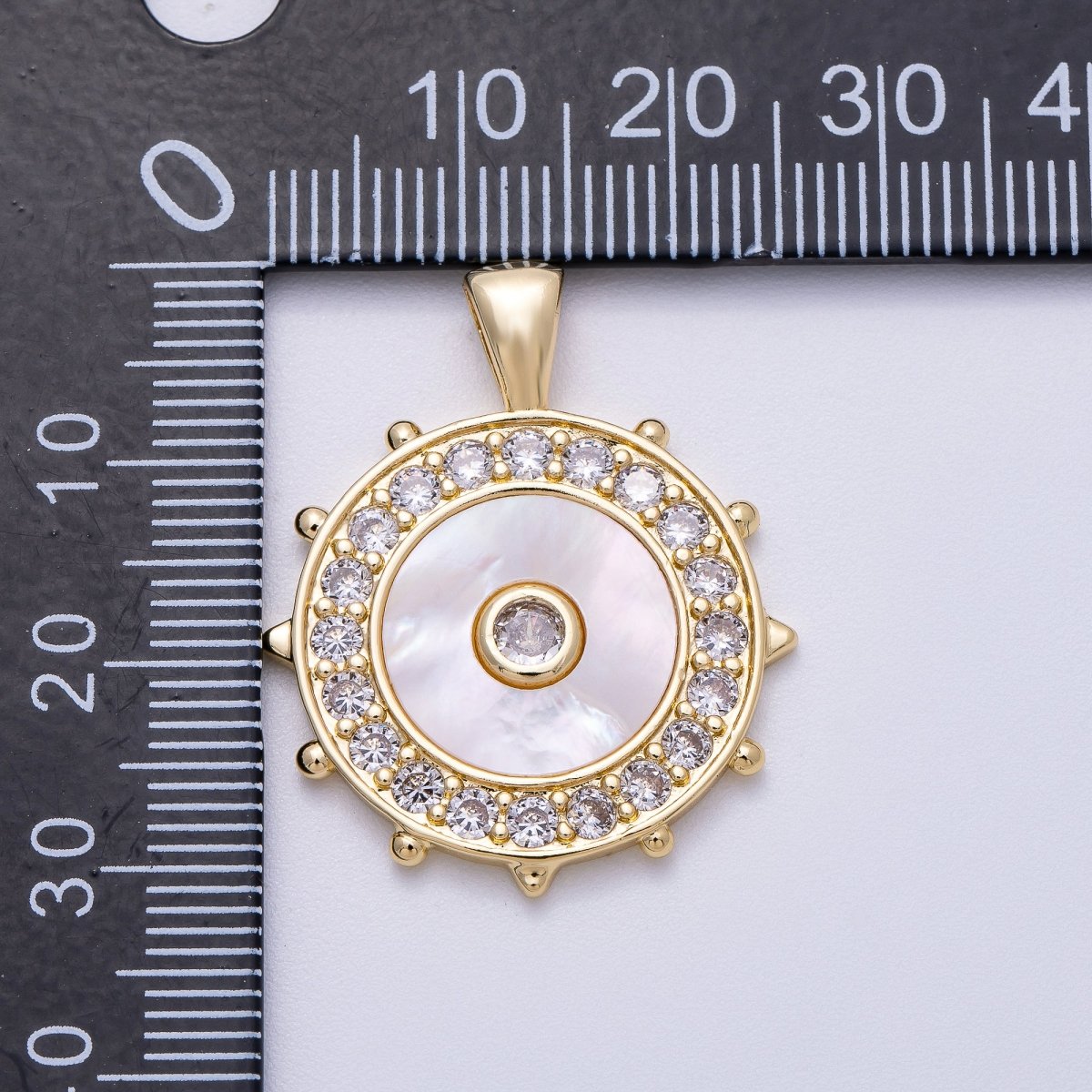 16K Gold Filled 31mm Shell Pearl Micro Paved CZ Evil Eyes Medallion Pendant | Charms-00565