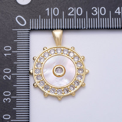 16K Gold Filled 31mm Shell Pearl Micro Paved CZ Evil Eyes Medallion Pendant | Charms-00565