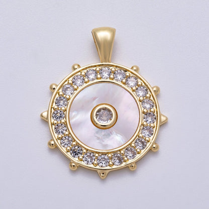 16K Gold Filled 31mm Shell Pearl Micro Paved CZ Evil Eyes Medallion Pendant | Charms-00565