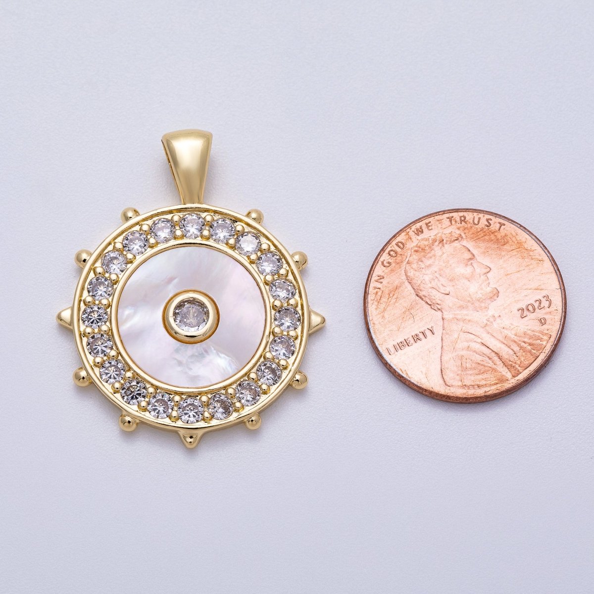 16K Gold Filled 31mm Shell Pearl Micro Paved CZ Evil Eyes Medallion Pendant | Charms-00565