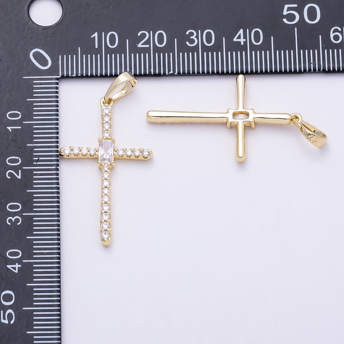16K Gold Filled 32mm Clear Baguette Micro Paved CZ Cross Religious Pendant | Charms-01403