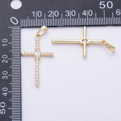 16K Gold Filled 32mm Clear Baguette Micro Paved CZ Cross Religious Pendant | Charms-01403