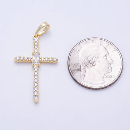 16K Gold Filled 32mm Clear Baguette Micro Paved CZ Cross Religious Pendant | Charms-01403