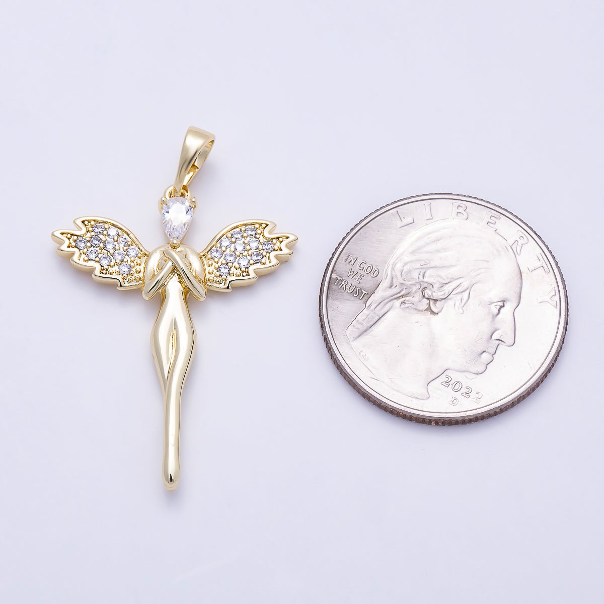 16K Gold Filled 32mm Micro Paved CZ Guardian Angel Religious Pendant | Charms-01392