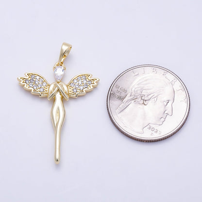 16K Gold Filled 32mm Micro Paved CZ Guardian Angel Religious Pendant | Charms-01392