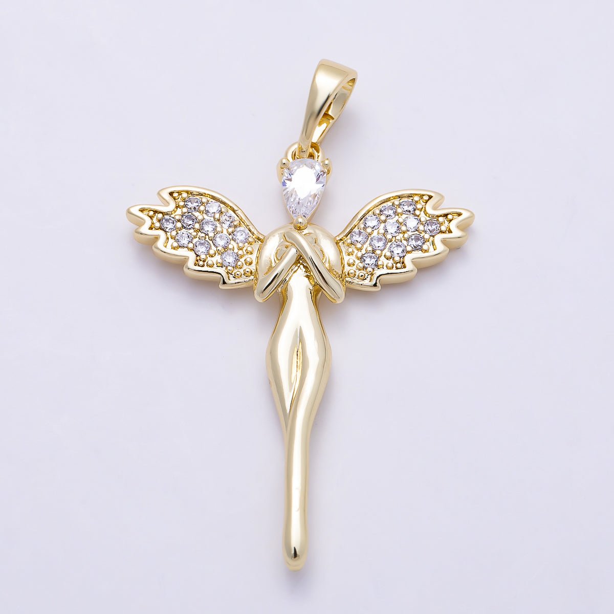 16K Gold Filled 32mm Micro Paved CZ Guardian Angel Religious Pendant | Charms-01392
