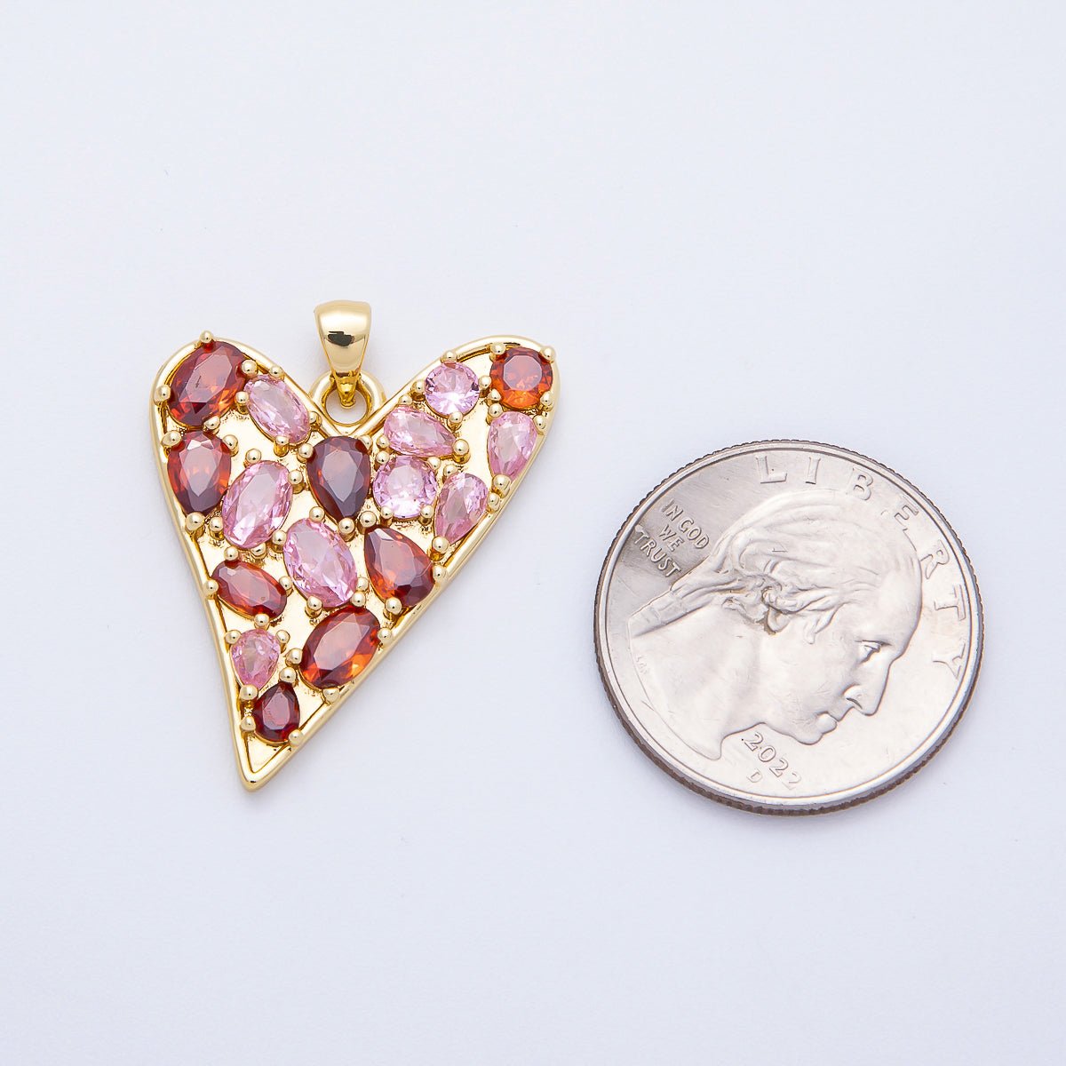 16K Gold Filled 32mm Red-Pink Multicolor CZ Geometric Heart Pendant | Charms-00647