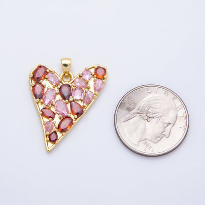 16K Gold Filled 32mm Red-Pink Multicolor CZ Geometric Heart Pendant | Charms-00647