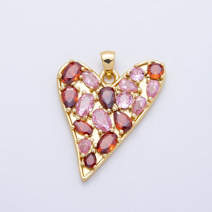 16K Gold Filled 32mm Red-Pink Multicolor CZ Geometric Heart Pendant | Charms-00647