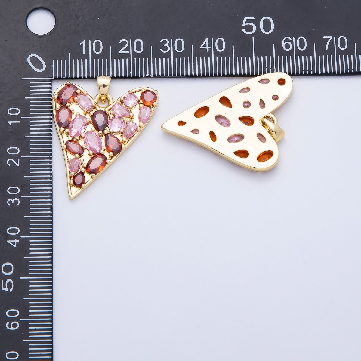 16K Gold Filled 32mm Red-Pink Multicolor CZ Geometric Heart Pendant | Charms-00647