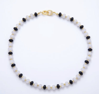 16K Gold Filled 3.3mm Black Onyx White Quartz Bead Rondelle Gemstone Chain 17 Inch Necklace w. Dual Push Gate | WA-02084