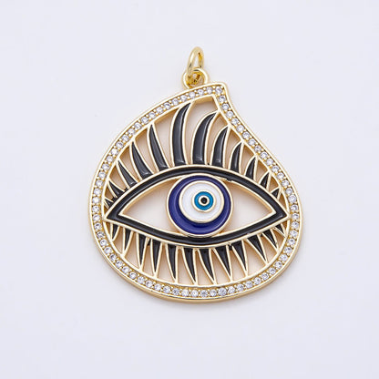 16K Gold Filled 33mm Blue Enamel Micro Paved CZ Evil Eye Open Teardrop Charm | Charms-01056