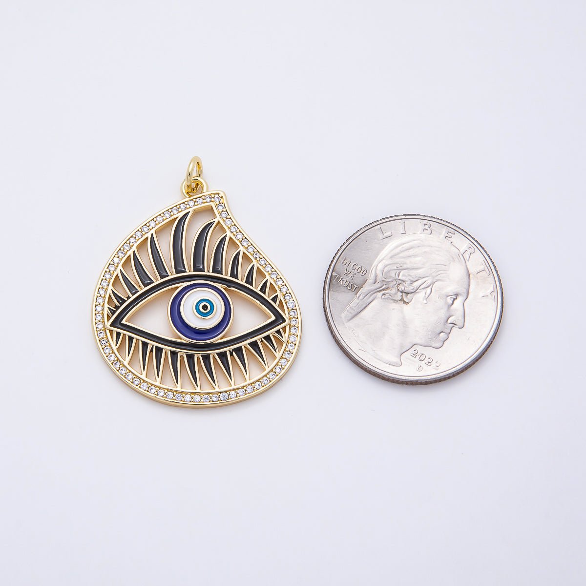16K Gold Filled 33mm Blue Enamel Micro Paved CZ Evil Eye Open Teardrop Charm | Charms-01056