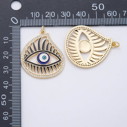 16K Gold Filled 33mm Blue Enamel Micro Paved CZ Evil Eye Open Teardrop Charm | Charms-01056