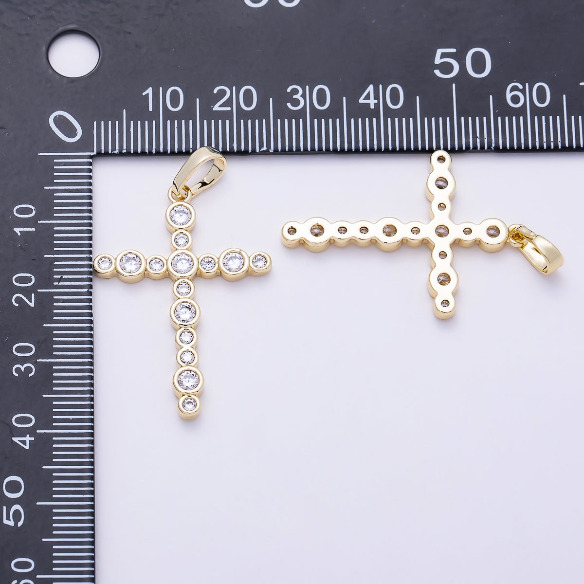 16K Gold Filled 33mm Clear CZ Round Bezel Cross Religious Pendant | Charms-01402