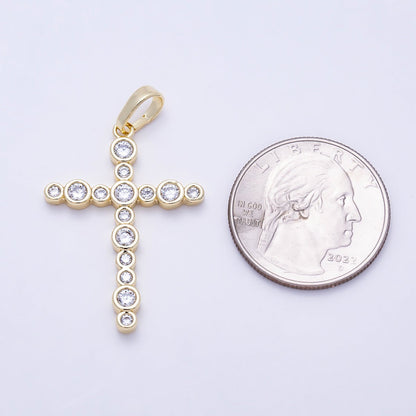 16K Gold Filled 33mm Clear CZ Round Bezel Cross Religious Pendant | Charms-01402