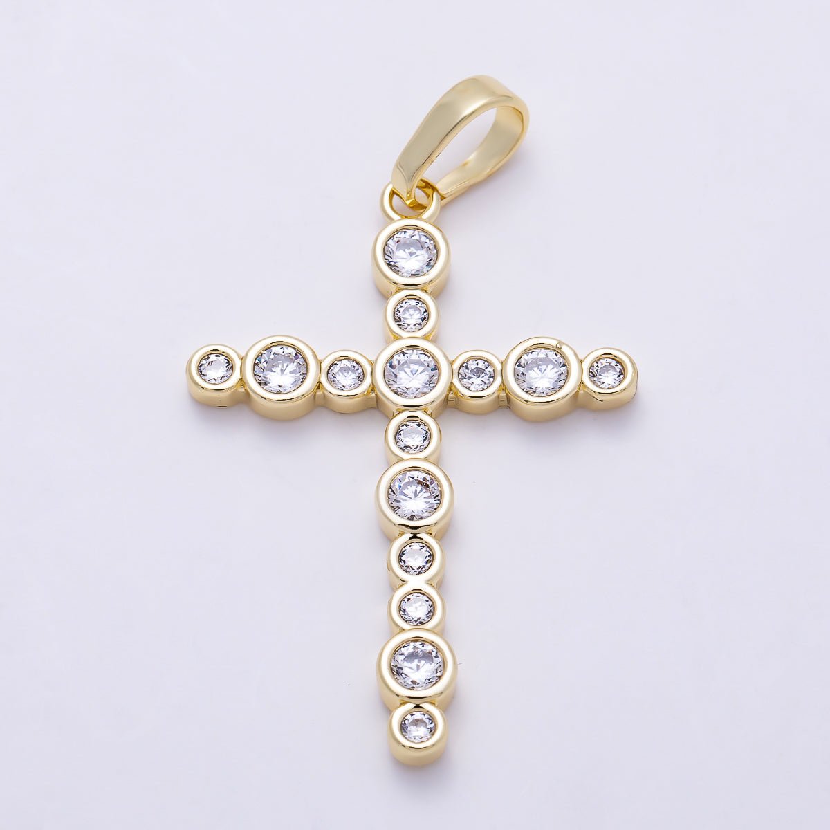 16K Gold Filled 33mm Clear CZ Round Bezel Cross Religious Pendant | Charms-01402