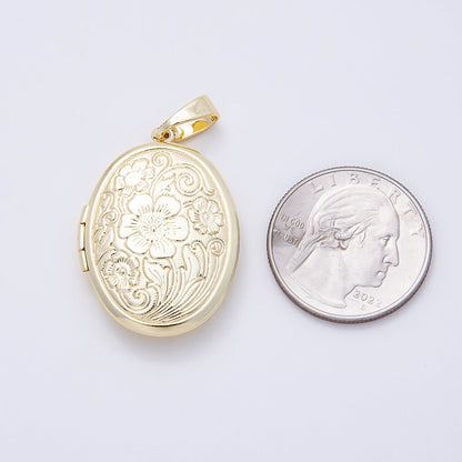 16K Gold Filled 33mm Flower Engraved Oval Locket Pendant | Charms-01098