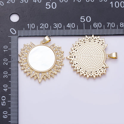 16K Gold Filled 33mm Shell Pearl Micro Paved Celestial Sun Pendant | Charms-01494