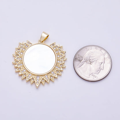 16K Gold Filled 33mm Shell Pearl Micro Paved Celestial Sun Pendant | Charms-01494